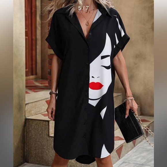 NWT: Black Graphic Batwing Sleeve Shirt Dress - Picture 4 of 4